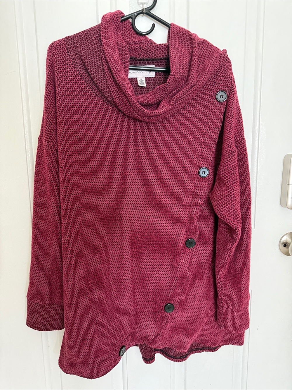 French Laundry Cowl Neck Button-Accent Sweater - Raspberry Size 1X